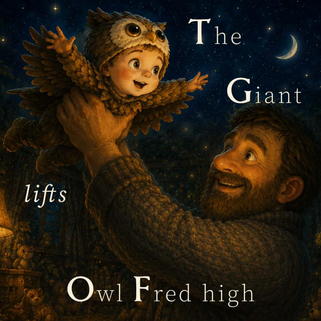 The giant lifts Owl Fred high under the moonlit sky